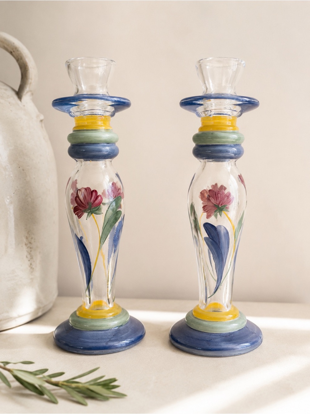 LENOX hand painted glass candle holders ‘poppies on blue’
